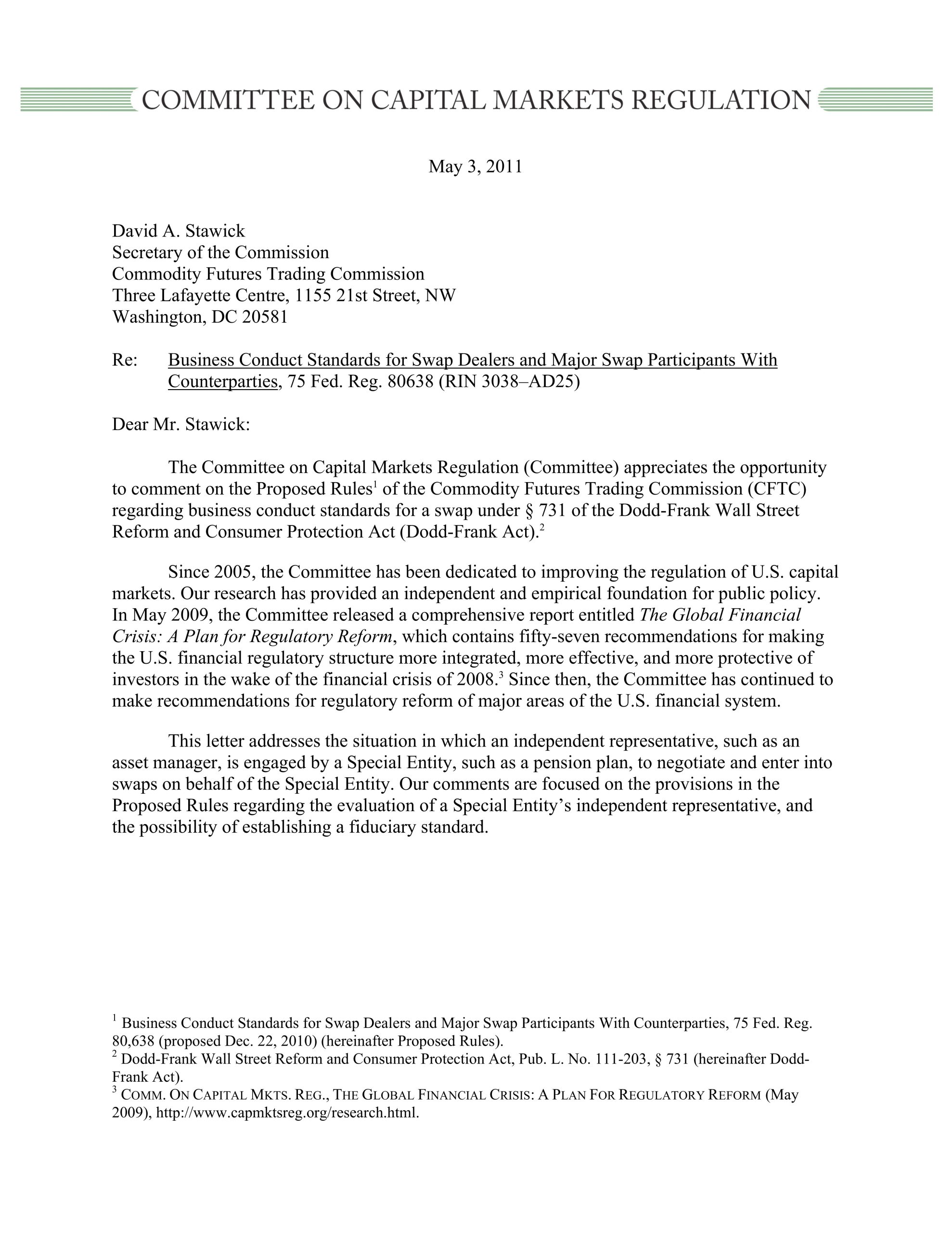 Comment Letter Regarding Business Conduct Standards for Swap Dealers and Major Swap Participants Dealing with Counterparties