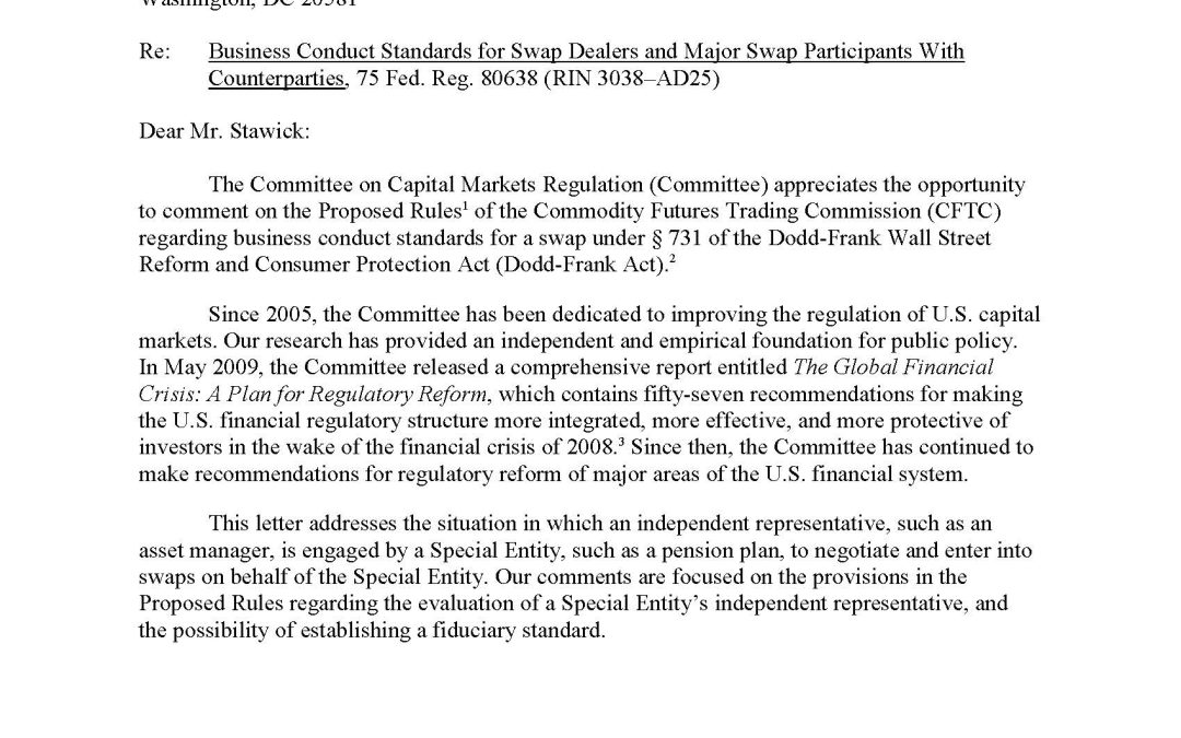 Comment Letter Regarding Business Conduct Standards for Swap Dealers and Major Swap Participants Dealing with Counterparties