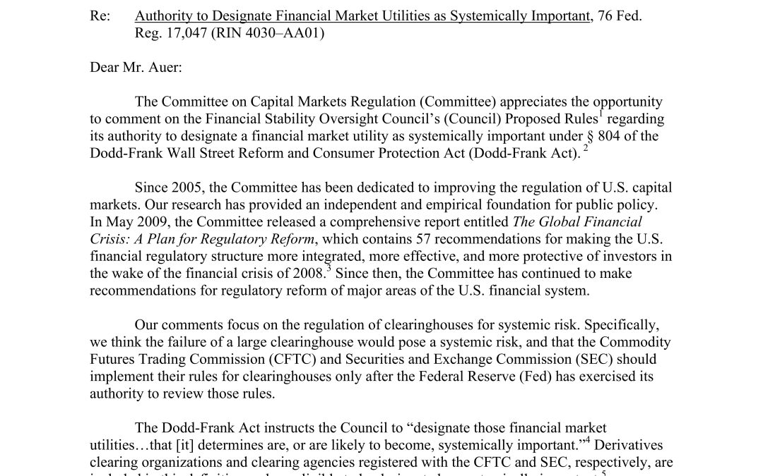 Comment Letter to the FSOC Regarding its Authority to Designate Financial Market Utilities as Systemically Important