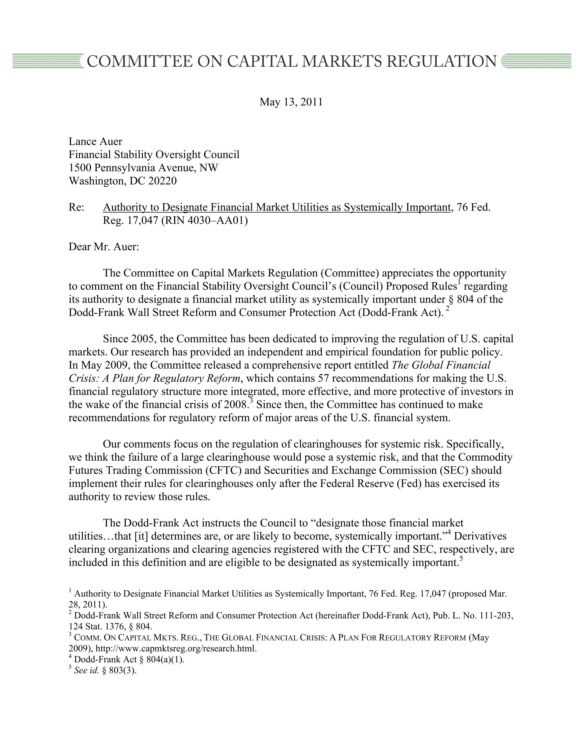 Comment Letter to the FSOC Regarding its Authority to Designate Financial Market Utilities as Systemically Important