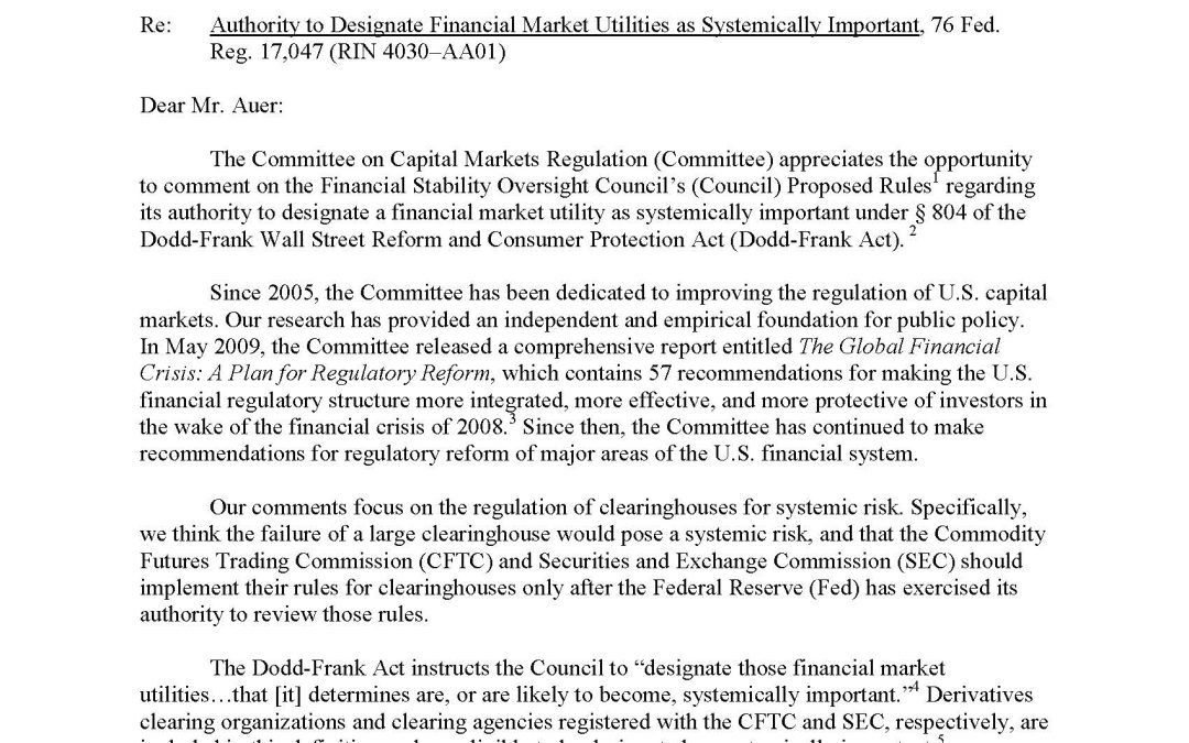 Comment Letter to the FSOC Regarding its Authority to Designate Financial Market Utilities as Systemically Important