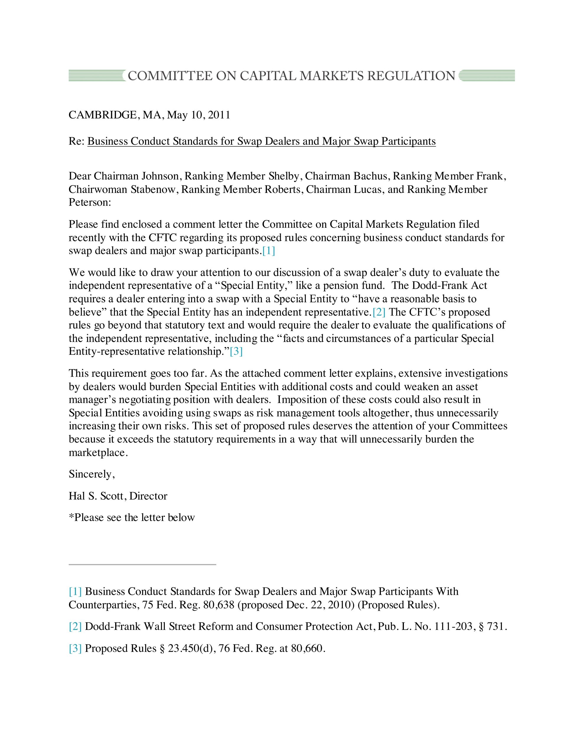 Comment Letter to the CFTC Regarding Business Conduct Standards for Swap Dealers and Major Swap Participants Dealing with Counterparties