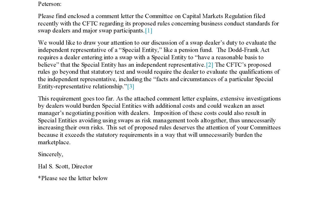 Comment Letter to the CFTC Regarding Business Conduct Standards for Swap Dealers and Major Swap Participants Dealing with Counterparties