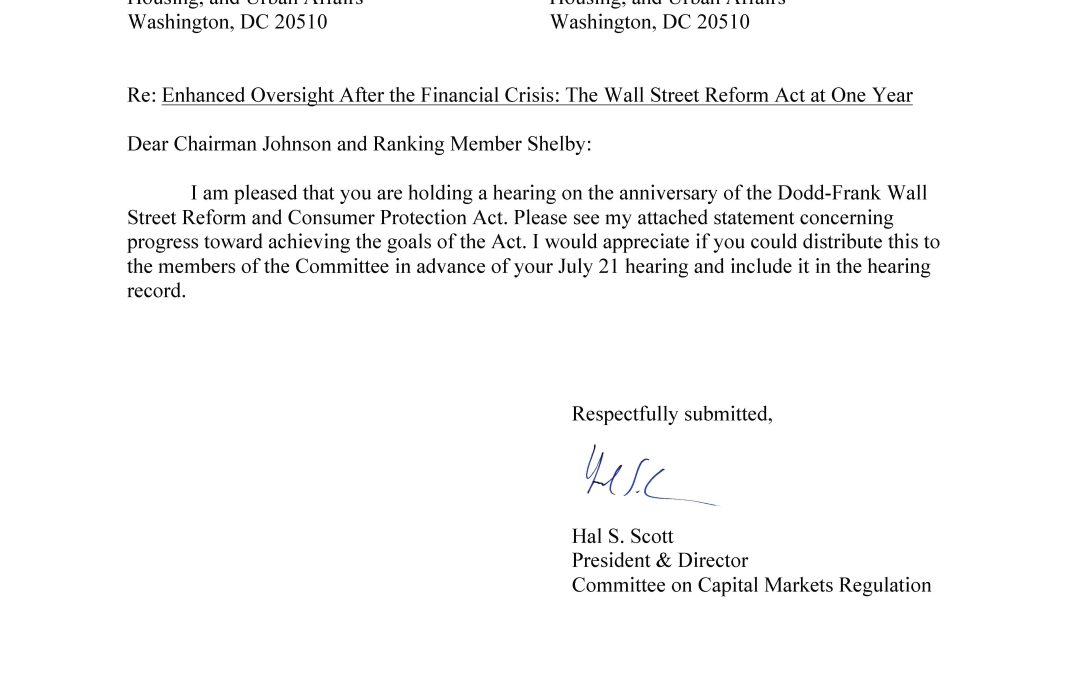 Hal S. Scott Testifies Before Senate Banking Committee on Implementation of the Dodd-Frank Act