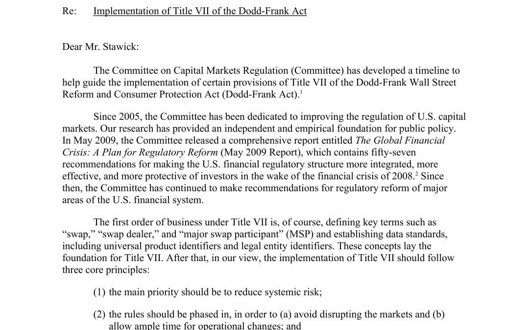 Comment Letter to the CFTC Regarding the Implementation of Title VII of the Dodd-Frank Act