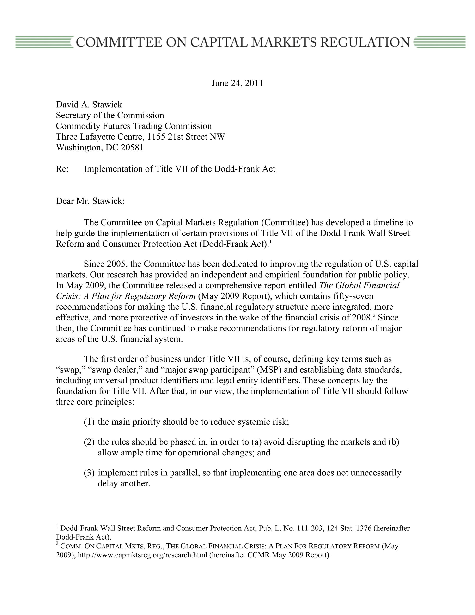 Comment Letter to the CFTC Regarding the Implementation of Title VII of the Dodd-Frank Act