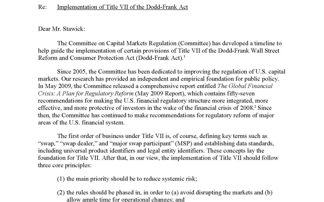 Comment Letter to the CFTC Regarding the Implementation of Title VII of the Dodd-Frank Act