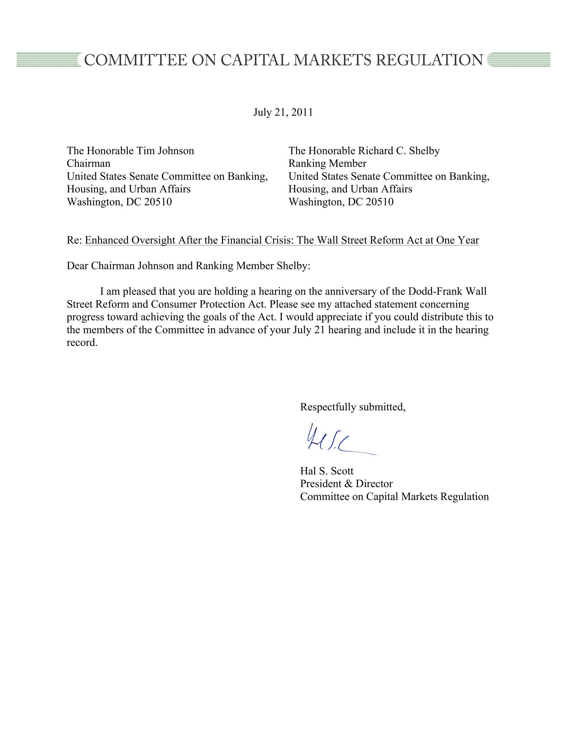 Hal S. Scott Testifies Before Senate Banking Committee on Implementation of the Dodd-Frank Act