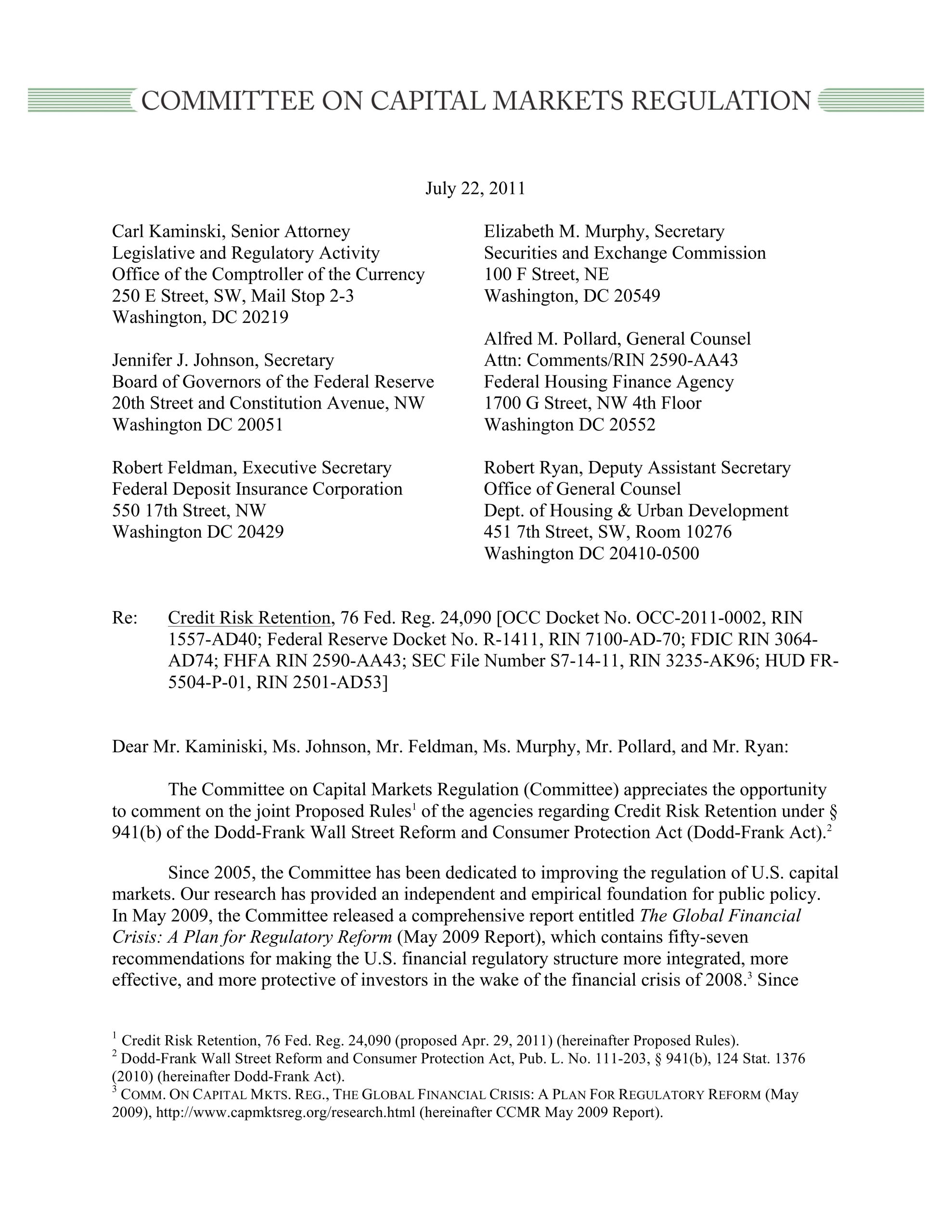 Comment Letter to Six Agencies Regarding Risk Retention in Securitizations