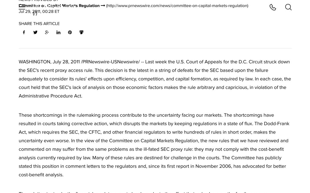Statement About a Decision by the U.S. Court of Appeals on Proxy Access That Puts Dodd-Frank Implementation in Jeopardy Due to Inadequate Cost-benefit Analysis