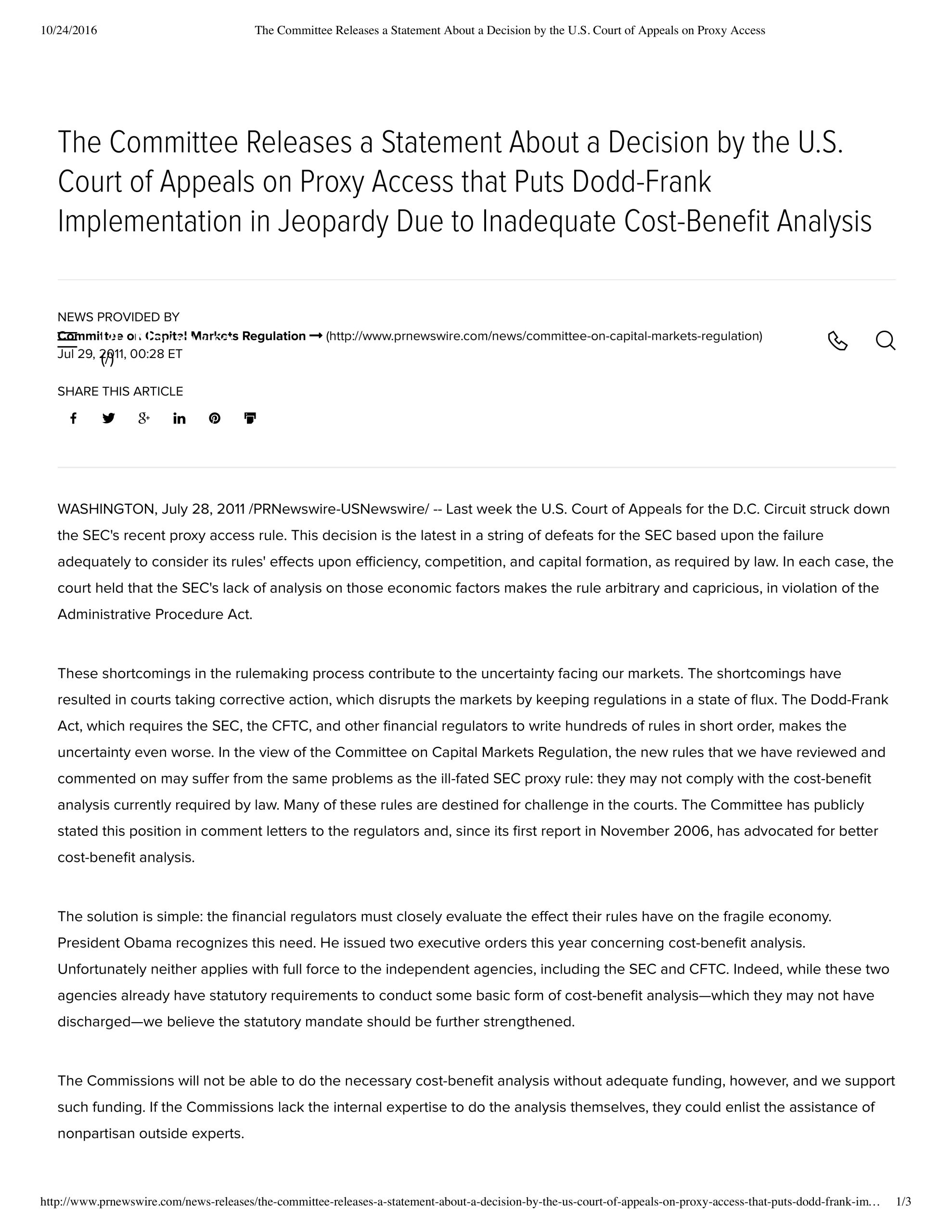 Statement About a Decision by the U.S. Court of Appeals on Proxy Access That Puts Dodd-Frank Implementation in Jeopardy Due to Inadequate Cost-benefit Analysis