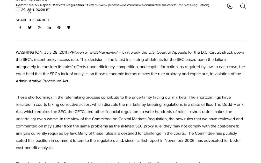 Statement About a Decision by the U.S. Court of Appeals on Proxy Access That Puts Dodd-Frank Implementation in Jeopardy Due to Inadequate Cost-benefit Analysis