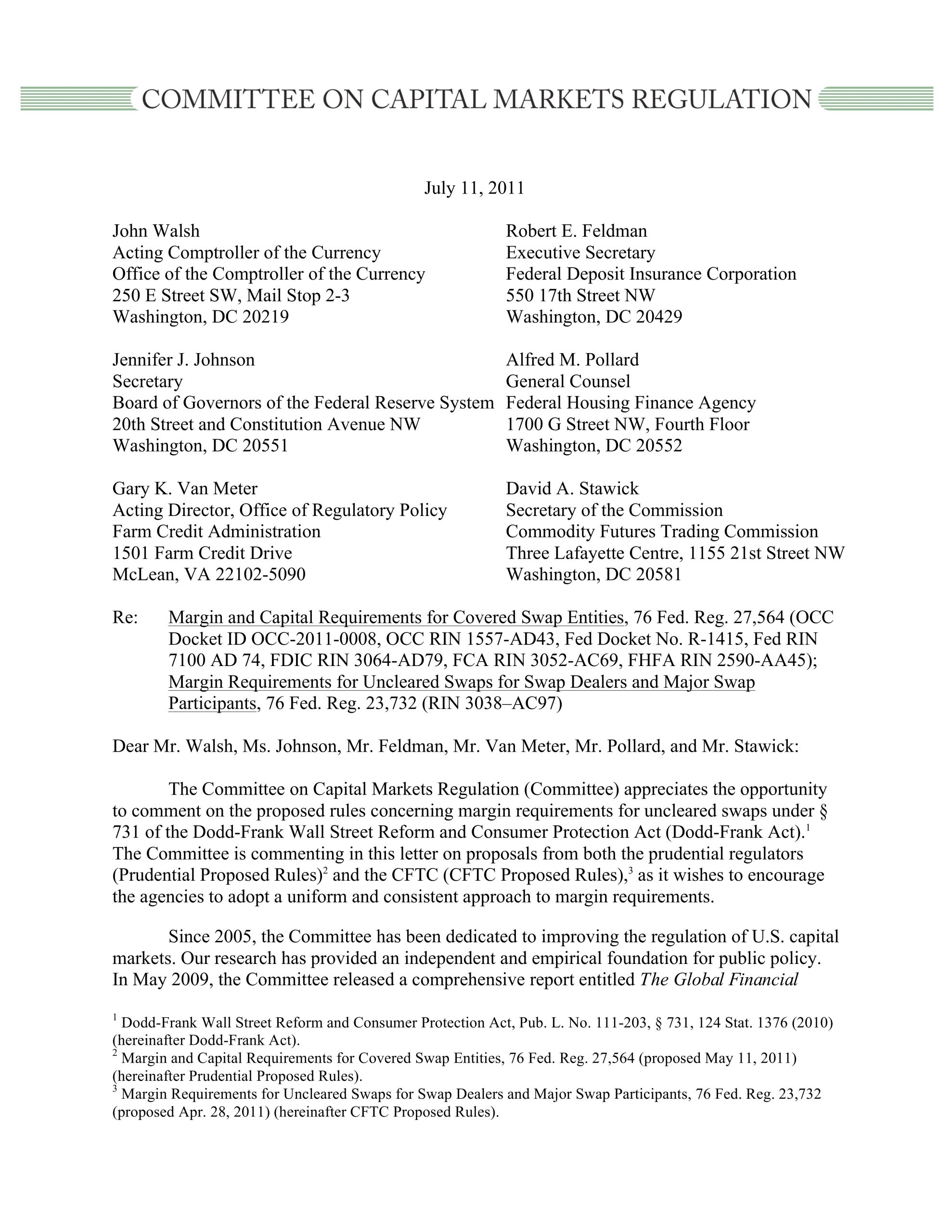 Comment Letter to Six Agencies Regarding Margin and Capital Requirements for Covered Swap Entities