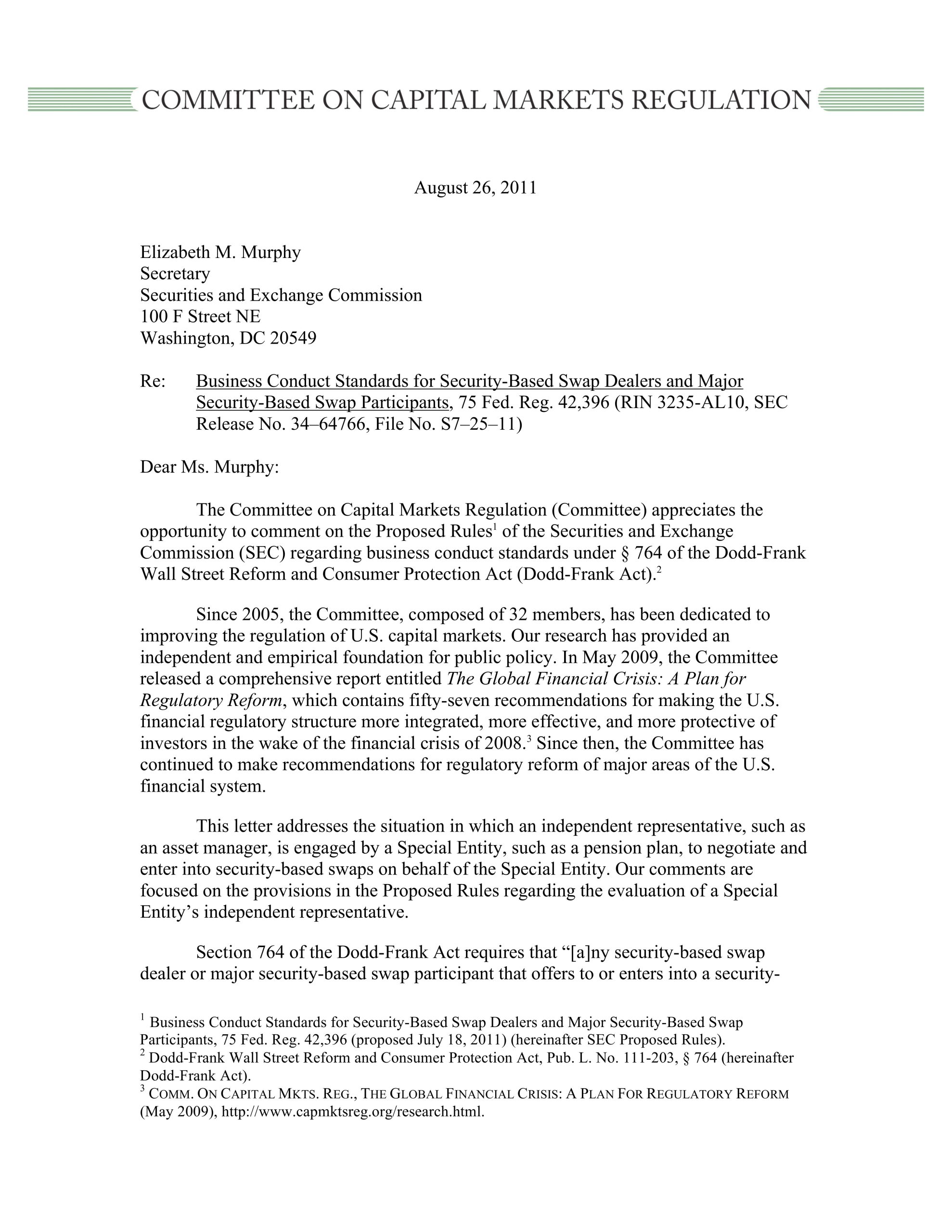 Comment Letter to SEC Regarding Business Conduct Standards for Security-Based Swap Dealers and Major Security-Based Swap Participants