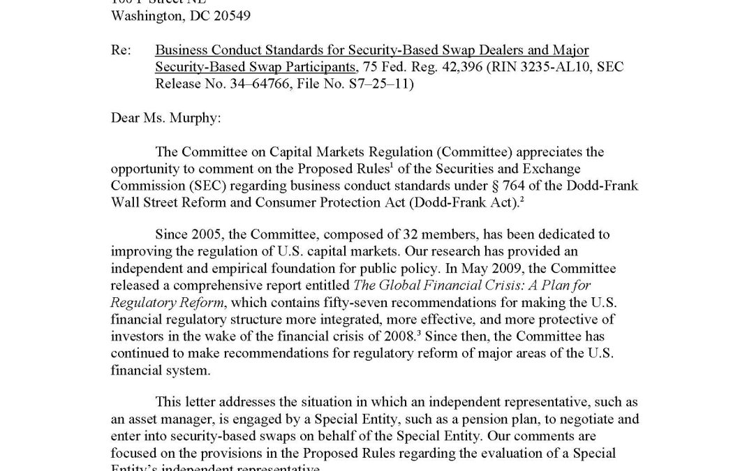 Comment Letter to SEC Regarding Business Conduct Standards for Security-Based Swap Dealers and Major Security-Based Swap Participants