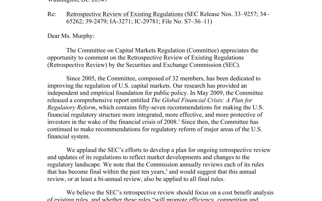 Comment Letter to the SEC Regarding Their Retrospective Review of Existing Regulations