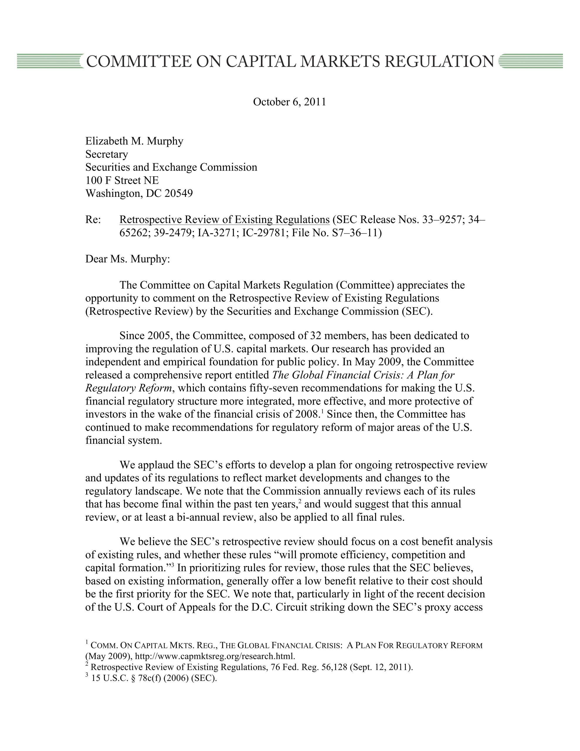 Comment Letter to the SEC Regarding Their Retrospective Review of Existing Regulations
