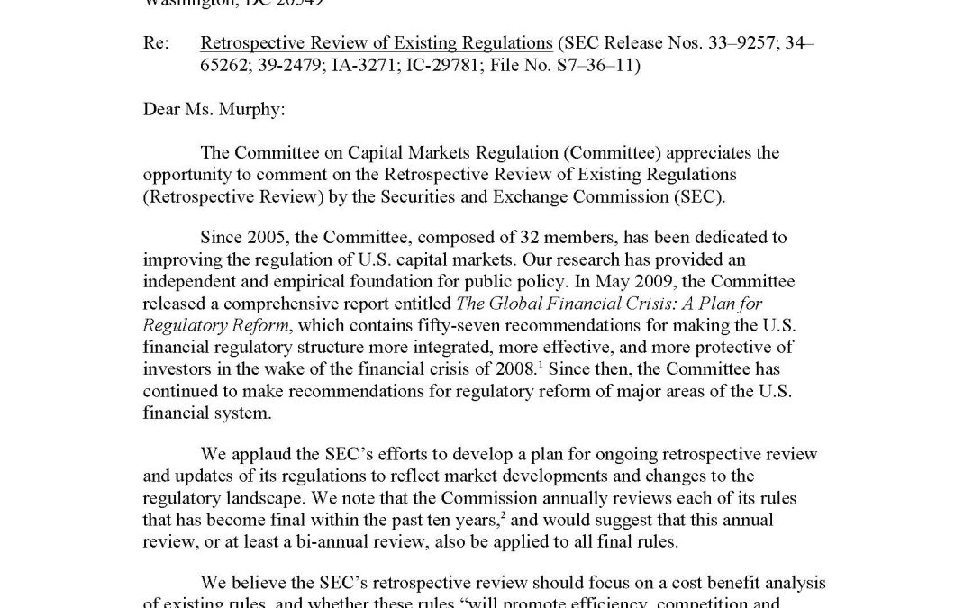 Comment Letter to the SEC Regarding Their Retrospective Review of Existing Regulations