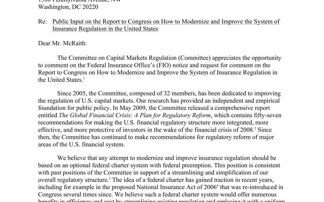 Response to the Federal Insurance Office Request for Comment on the Report to Congress on How to Modernize and Improve the System of Insurance Regulation in the United States