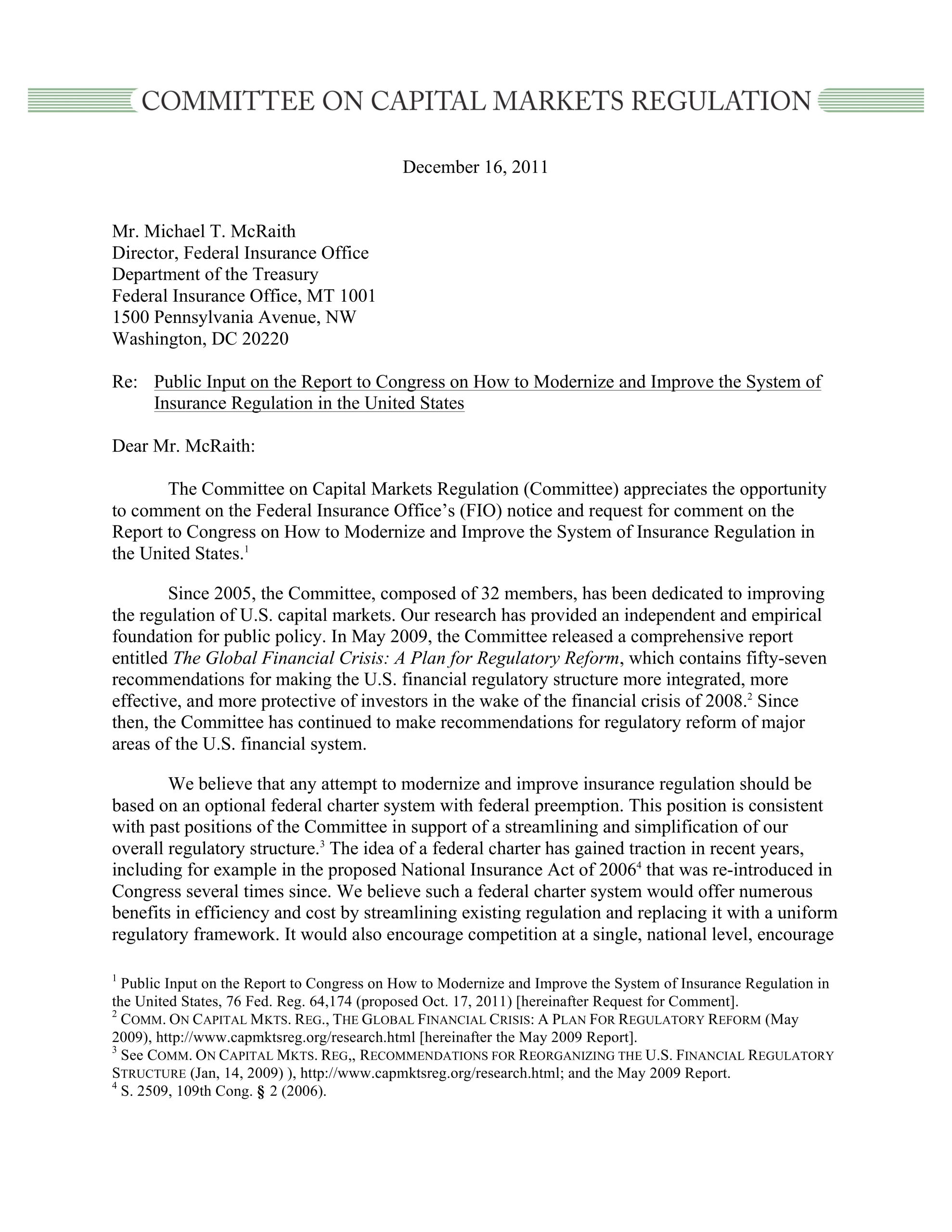 Response to the Federal Insurance Office Request for Comment on the Report to Congress on How to Modernize and Improve the System of Insurance Regulation in the United States