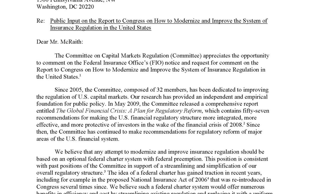Response to the Federal Insurance Office Request for Comment on the Report to Congress on How to Modernize and Improve the System of Insurance Regulation in the United States