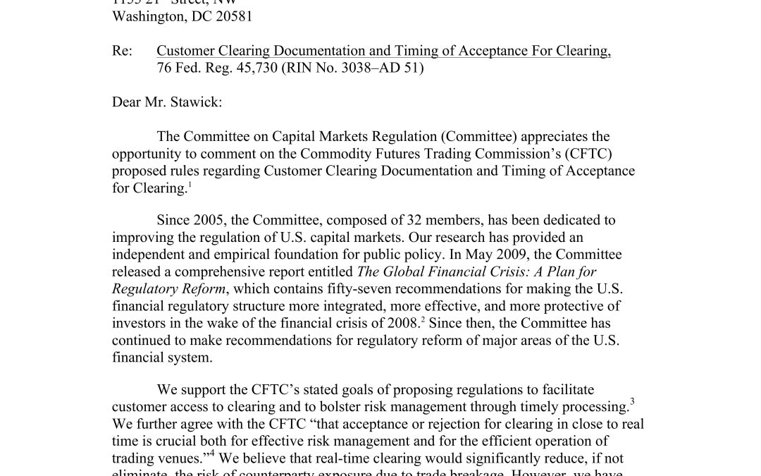 Comment Letter to the CFTC Regarding Customer Clearing Documentation and Timing of Acceptance for Clearing