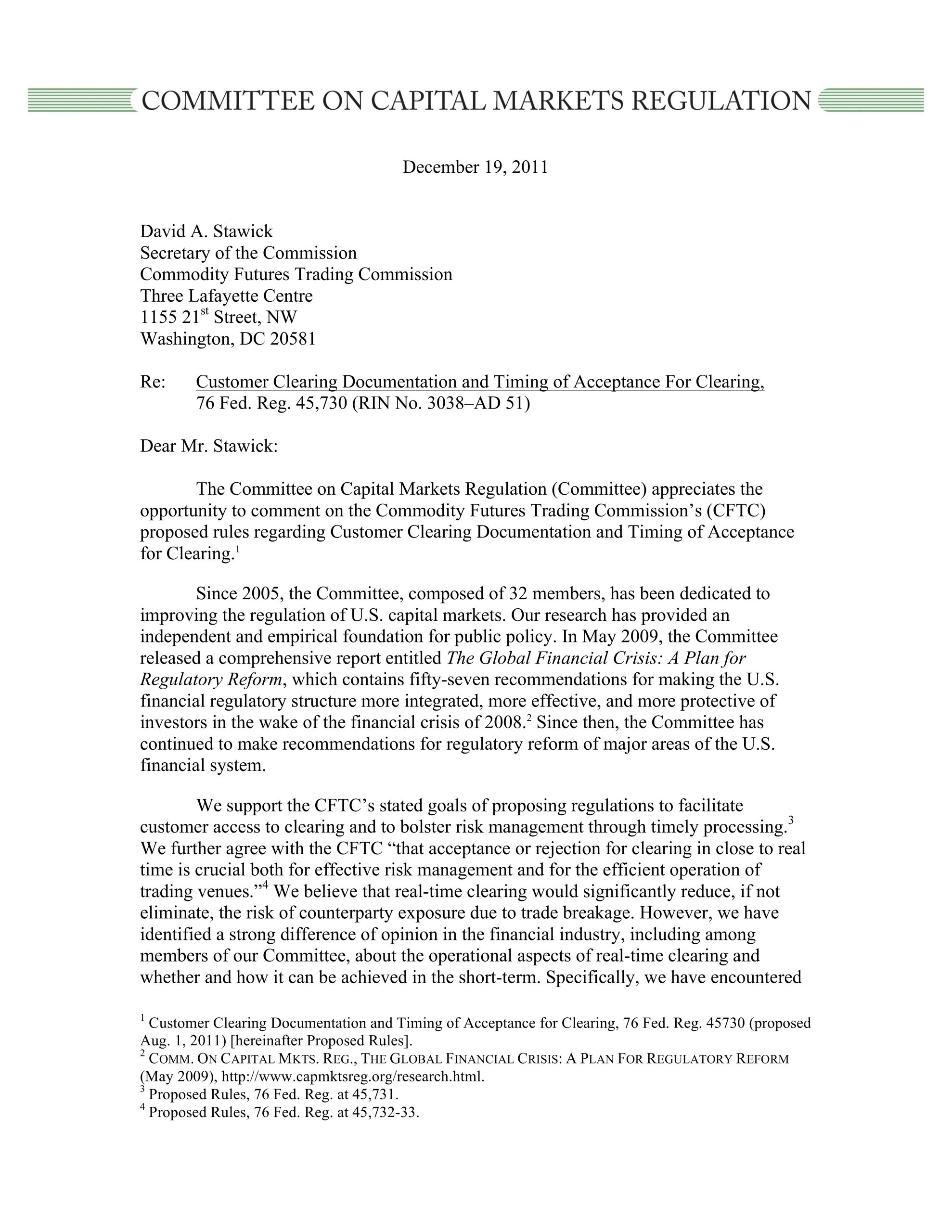 Comment Letter to the CFTC Regarding Customer Clearing Documentation and Timing of Acceptance for Clearing