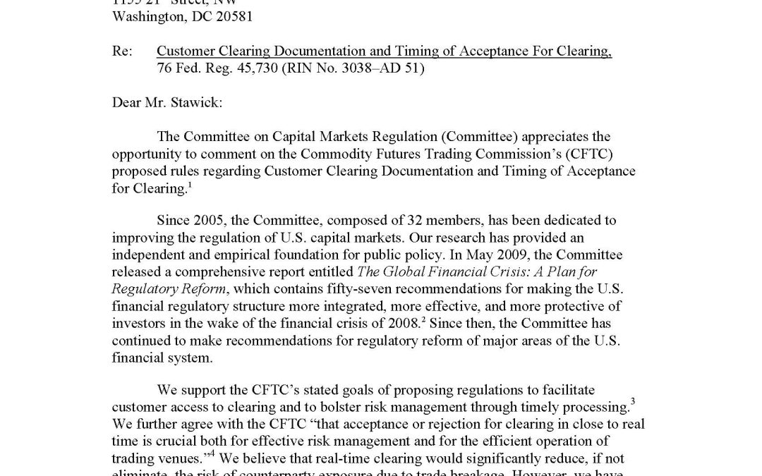 Comment Letter to the CFTC Regarding Customer Clearing Documentation and Timing of Acceptance for Clearing