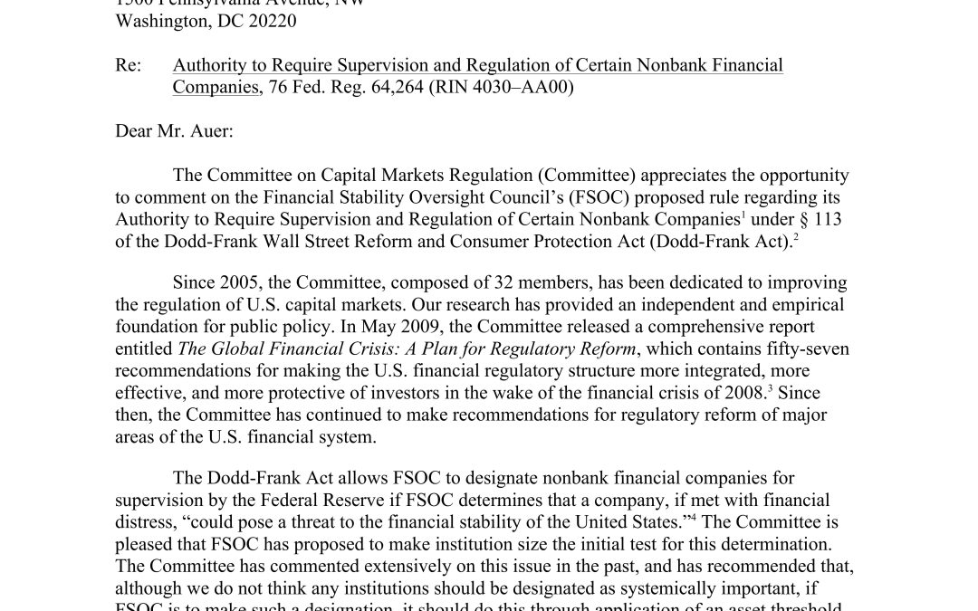 Comment Letter to the FSOC Regarding its Authority to Require Supervision and Regulation of Certain Nonbank Financial Companies