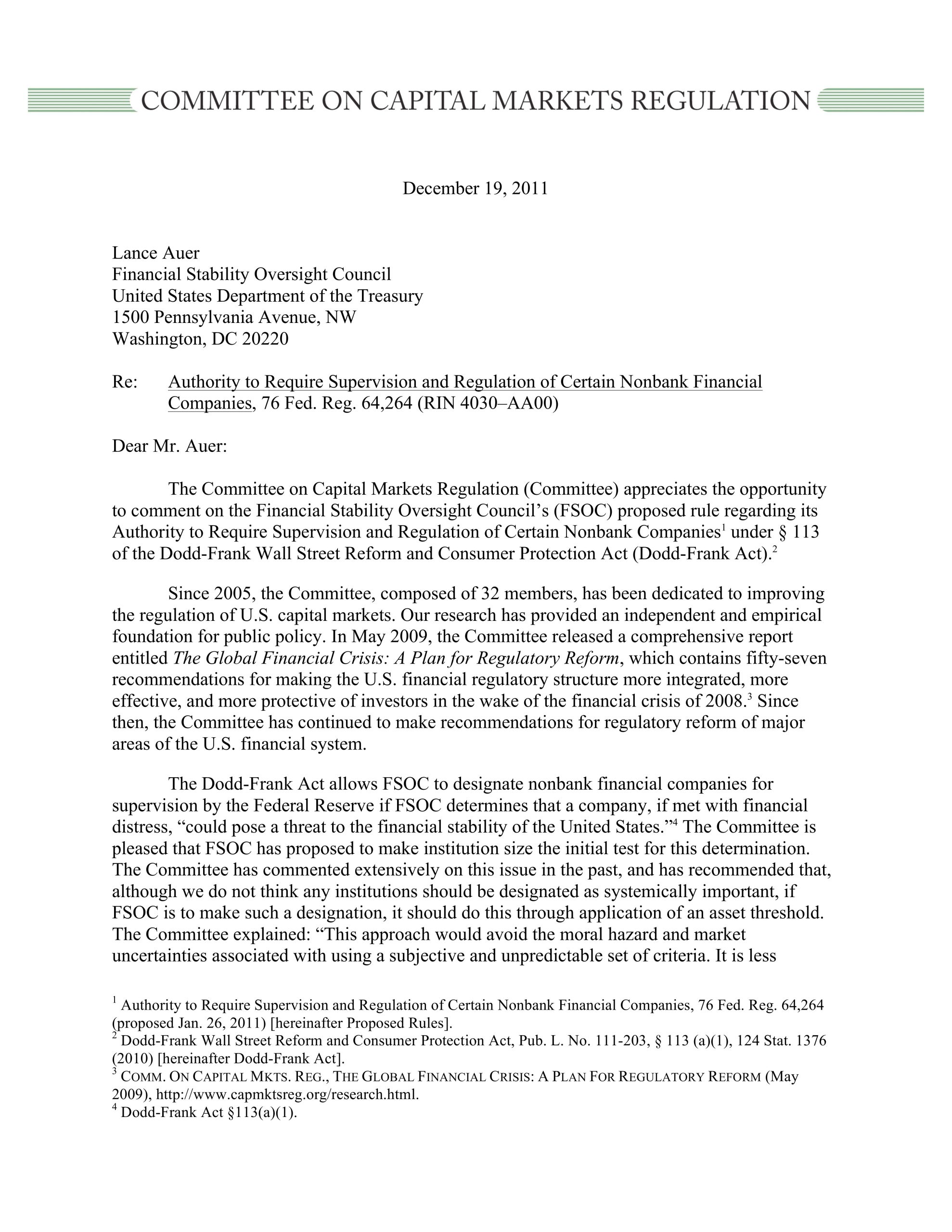 Comment Letter to the FSOC Regarding its Authority to Require Supervision and Regulation of Certain Nonbank Financial Companies