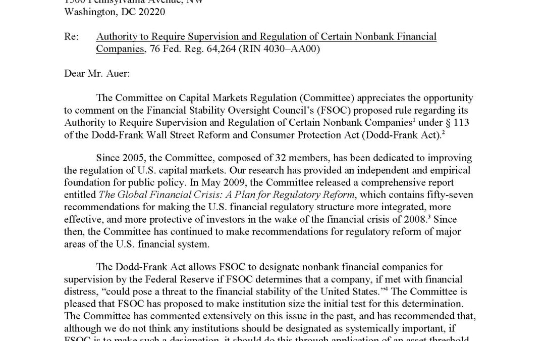 Comment Letter to the FSOC Regarding its Authority to Require Supervision and Regulation of Certain Nonbank Financial Companies