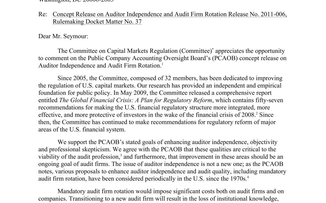 Comment Letter to the PCAOB Regarding Auditor Independence and Audit Firm Rotation