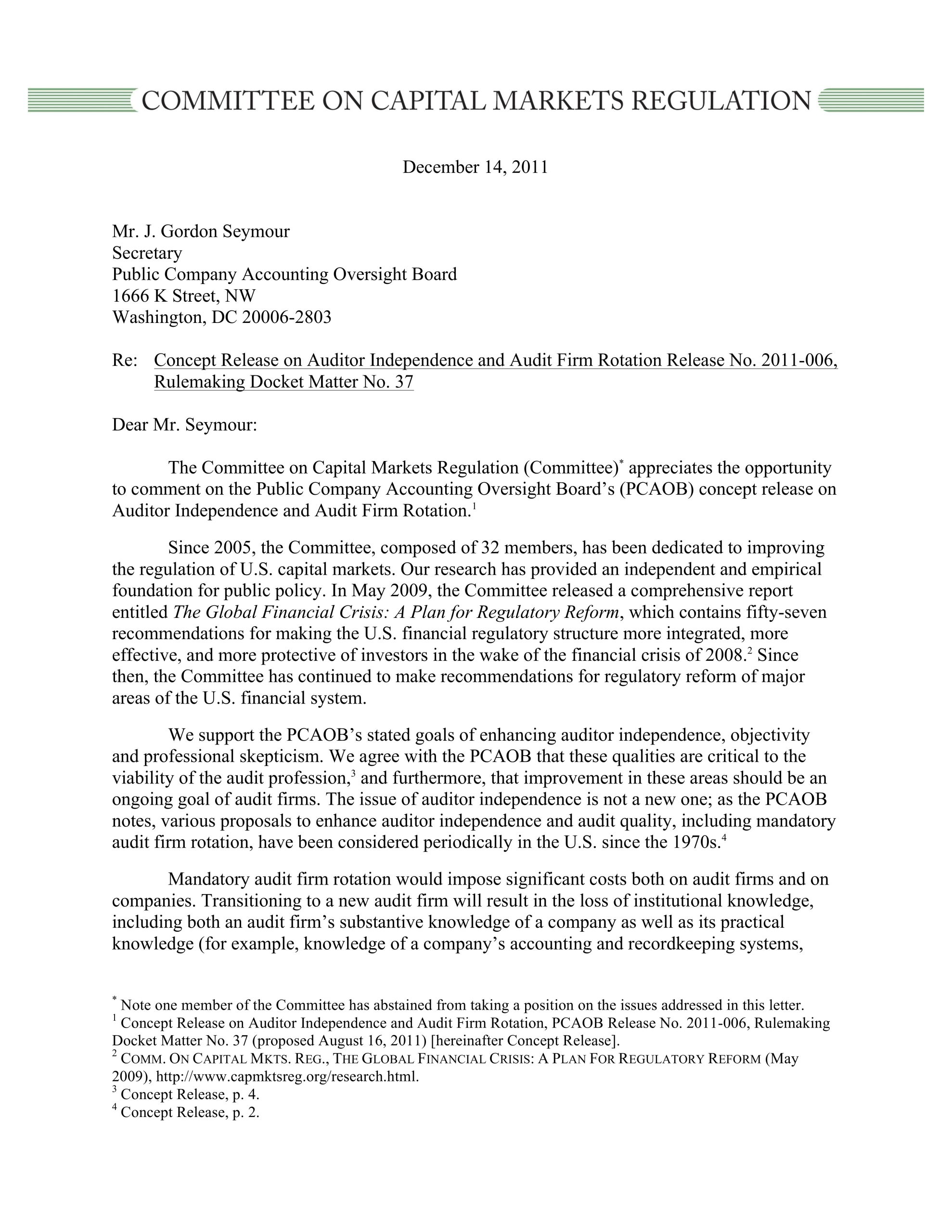Comment Letter to the PCAOB Regarding Auditor Independence and Audit Firm Rotation