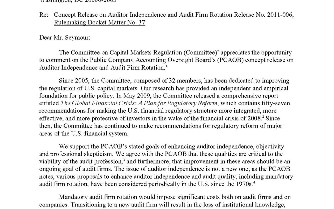Comment Letter to the PCAOB Regarding Auditor Independence and Audit Firm Rotation