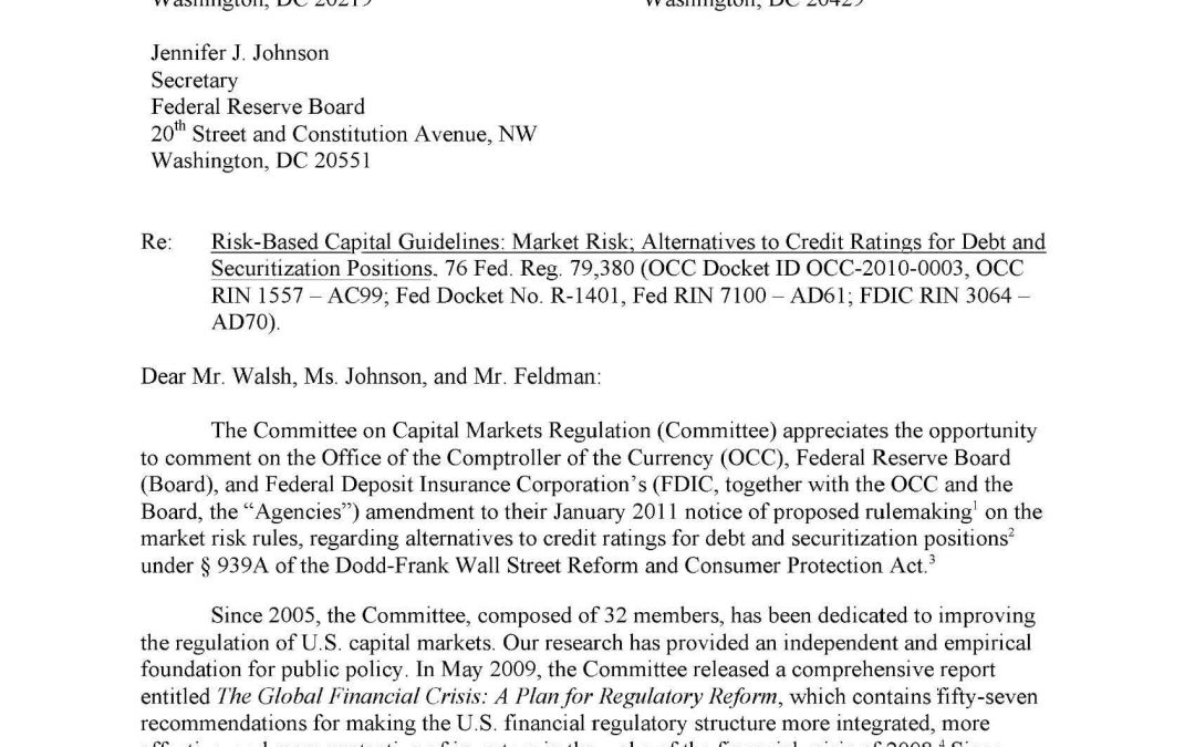Comment Letter to OCC, FDIC and Fed Regarding Their Proposed Rule on Alternatives to Credit Ratings for Debt and Securitization Positions