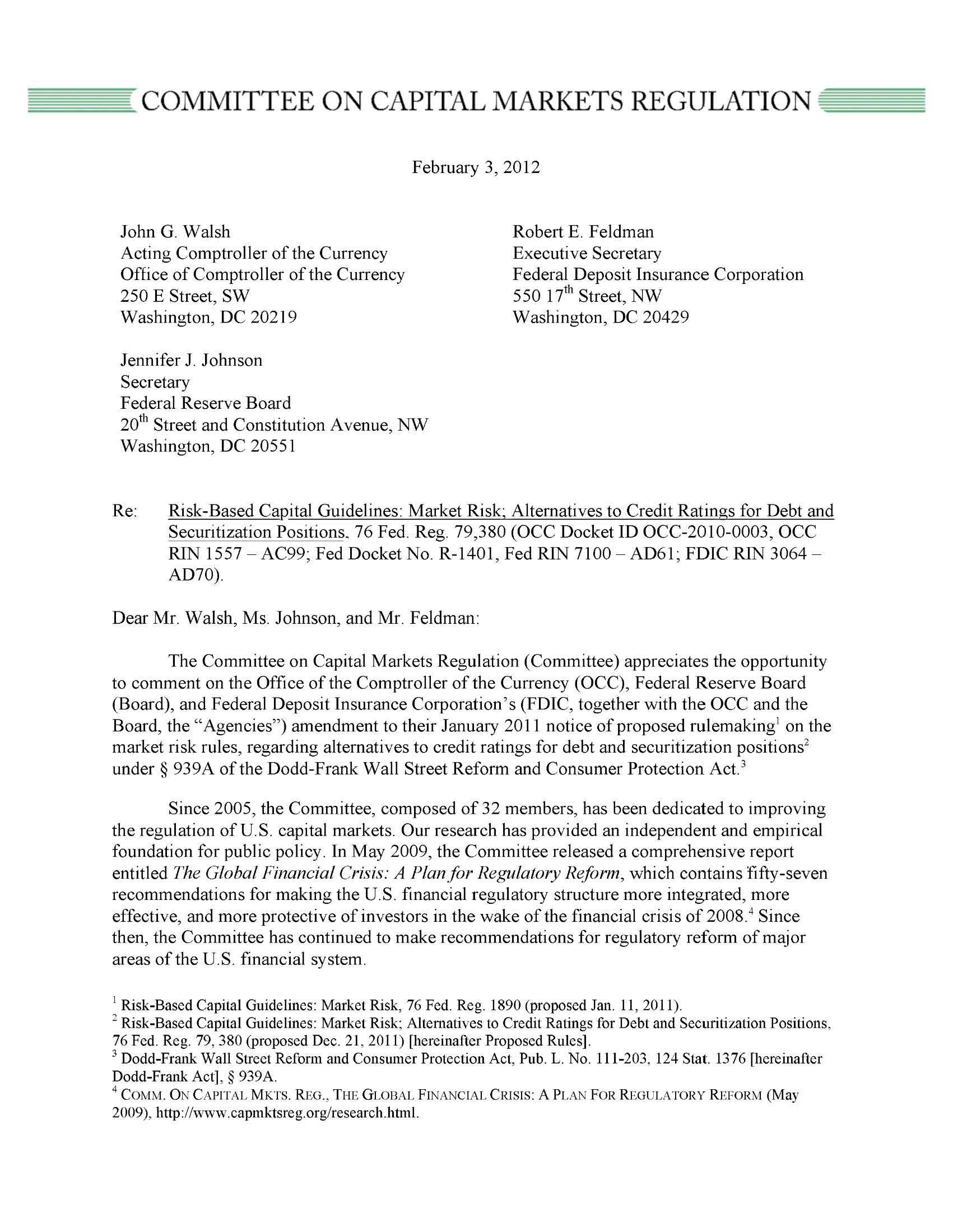 Comment Letter to OCC, FDIC and Fed Regarding Their Proposed Rule on Alternatives to Credit Ratings for Debt and Securitization Positions
