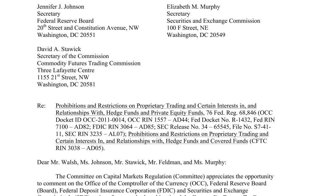 Comment Letter to the OCC, FDIC, Federal Reserve, SEC, and CFTC Regarding Prohibitions and Restrictions on Proprietary Trading