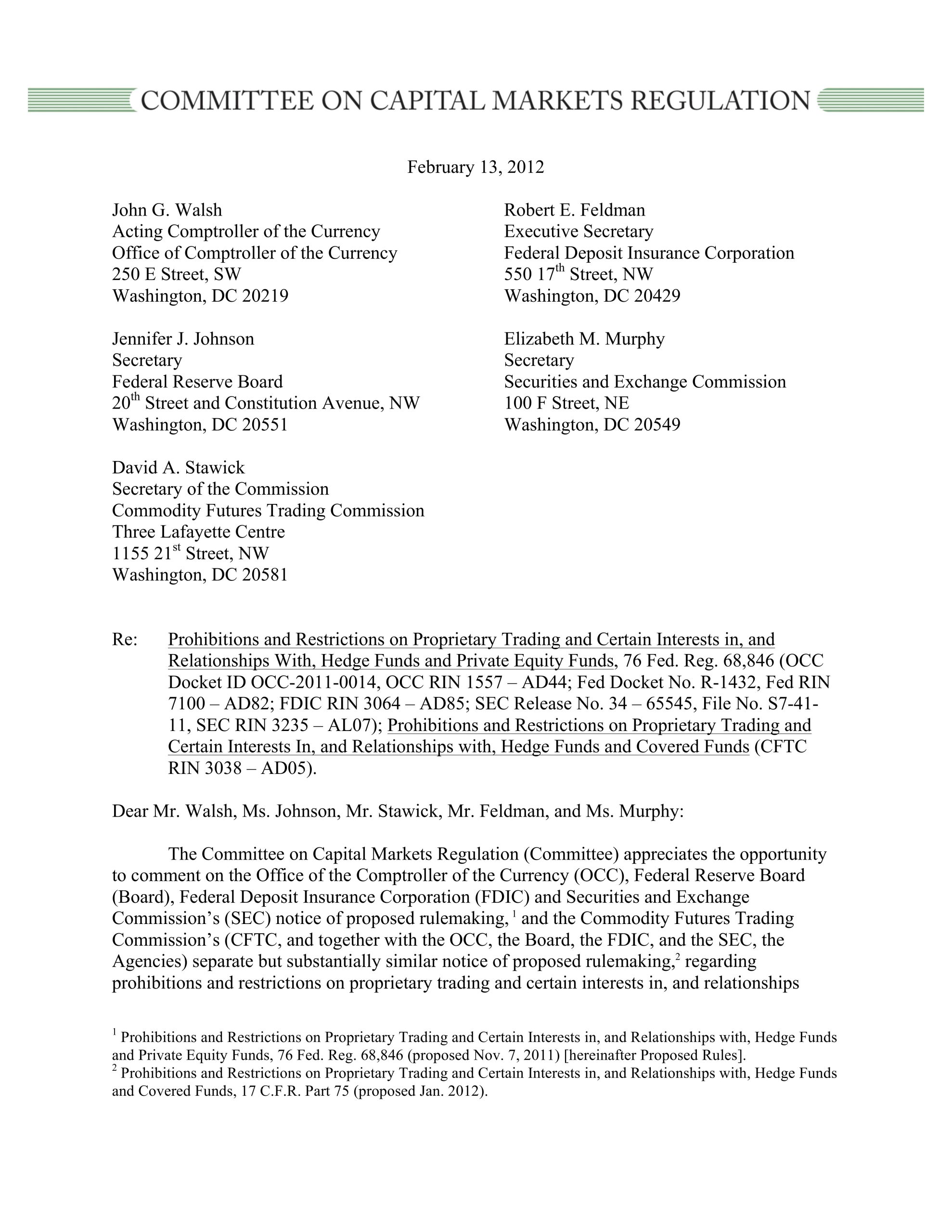 Comment Letter to the OCC, FDIC, Federal Reserve, SEC, and CFTC Regarding Prohibitions and Restrictions on Proprietary Trading
