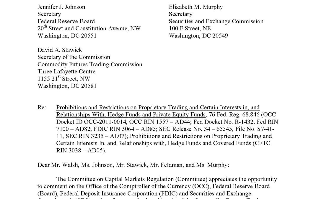 Comment Letter to the OCC, FDIC, Federal Reserve, SEC, and CFTC Regarding Prohibitions and Restrictions on Proprietary Trading