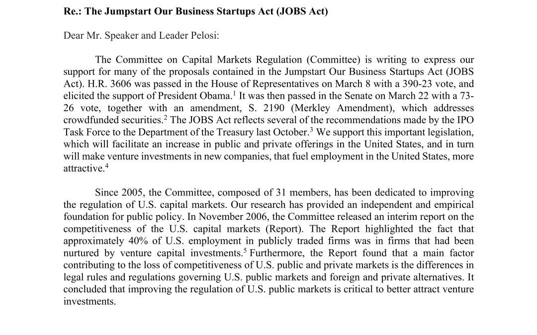 Comment Letter Regarding the Jumpstart Our Business Startups Act (JOBS Act)