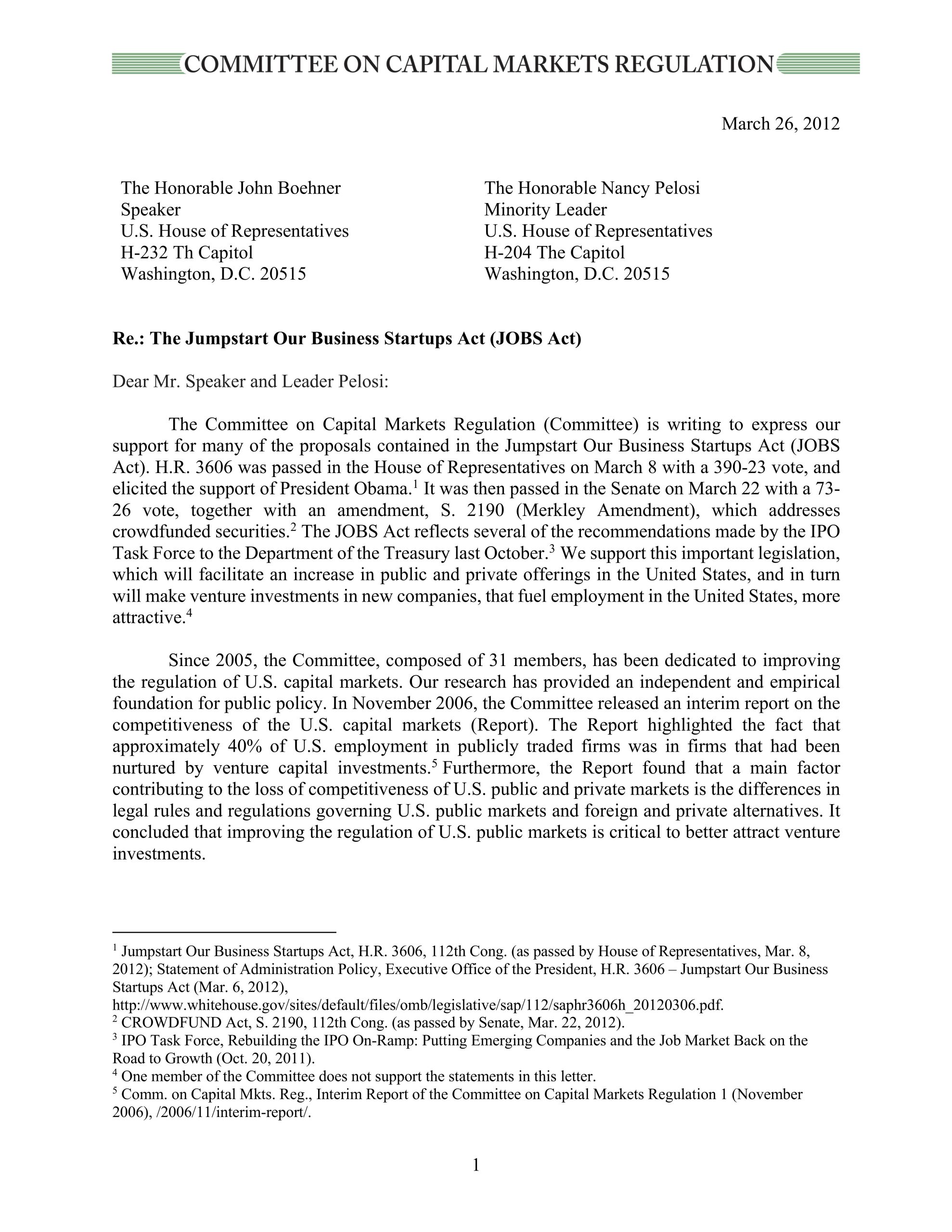Comment Letter Regarding the Jumpstart Our Business Startups Act (JOBS Act)
