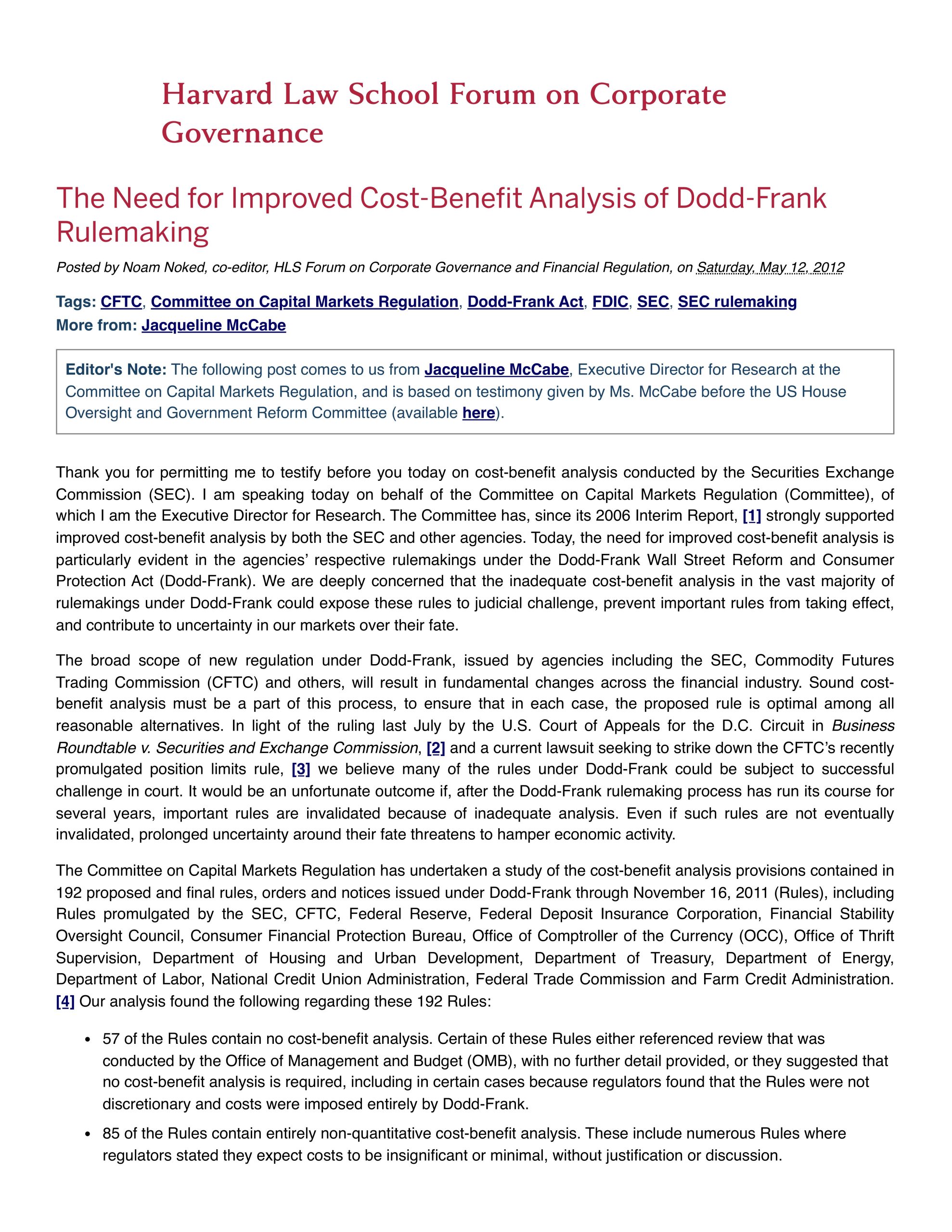 Letter Regarding Lack of Cost-Benefit Analysis in Dodd-Frank Rule-making