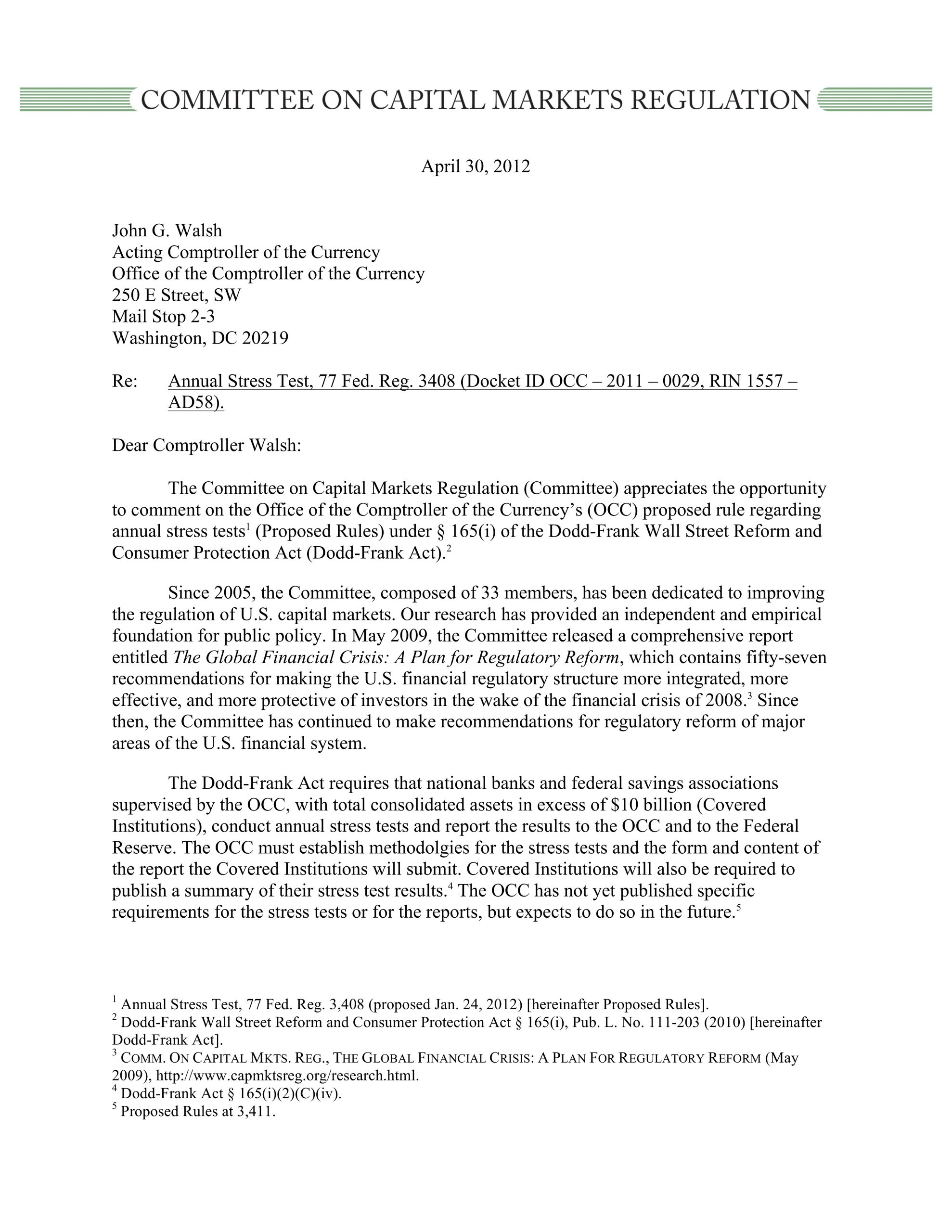 Comment Letter to OCC on Proposed Rule Regarding Annual Stress Tests