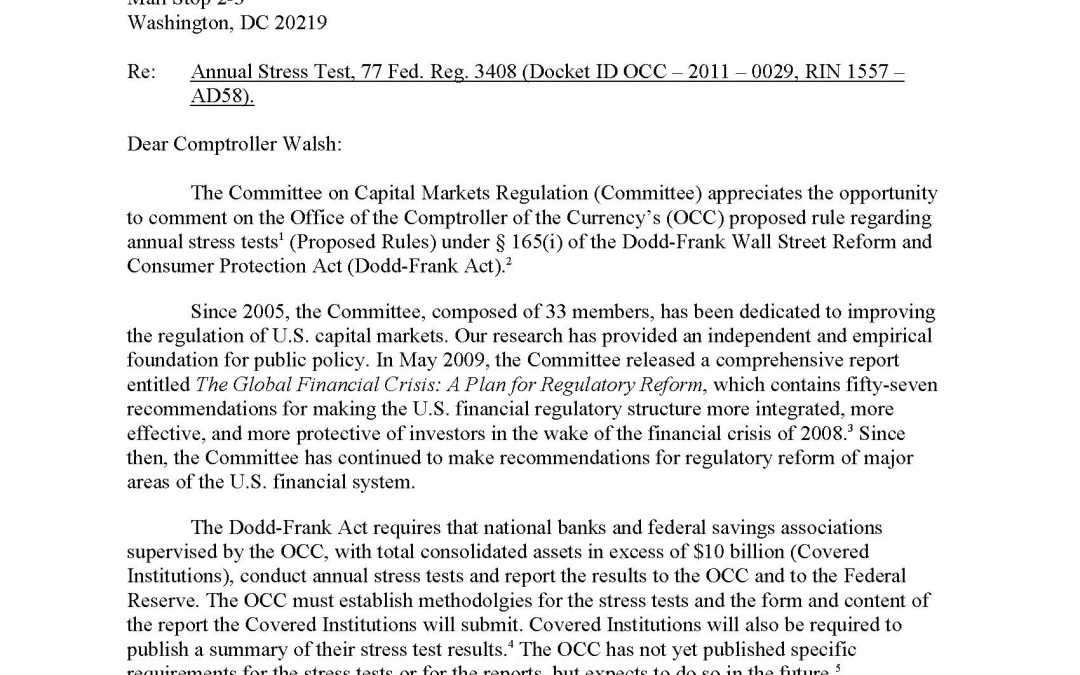 Comment Letter to OCC on Proposed Rule Regarding Annual Stress Tests