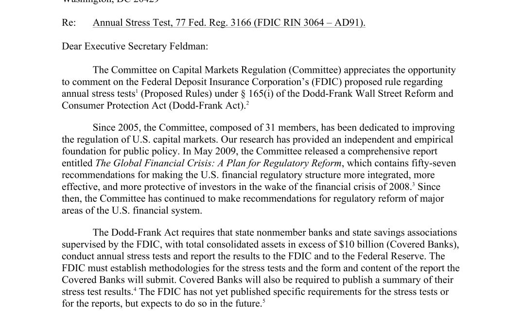 Comment Letter to FDIC on Proposed Rule Regarding Annual Stress Tests