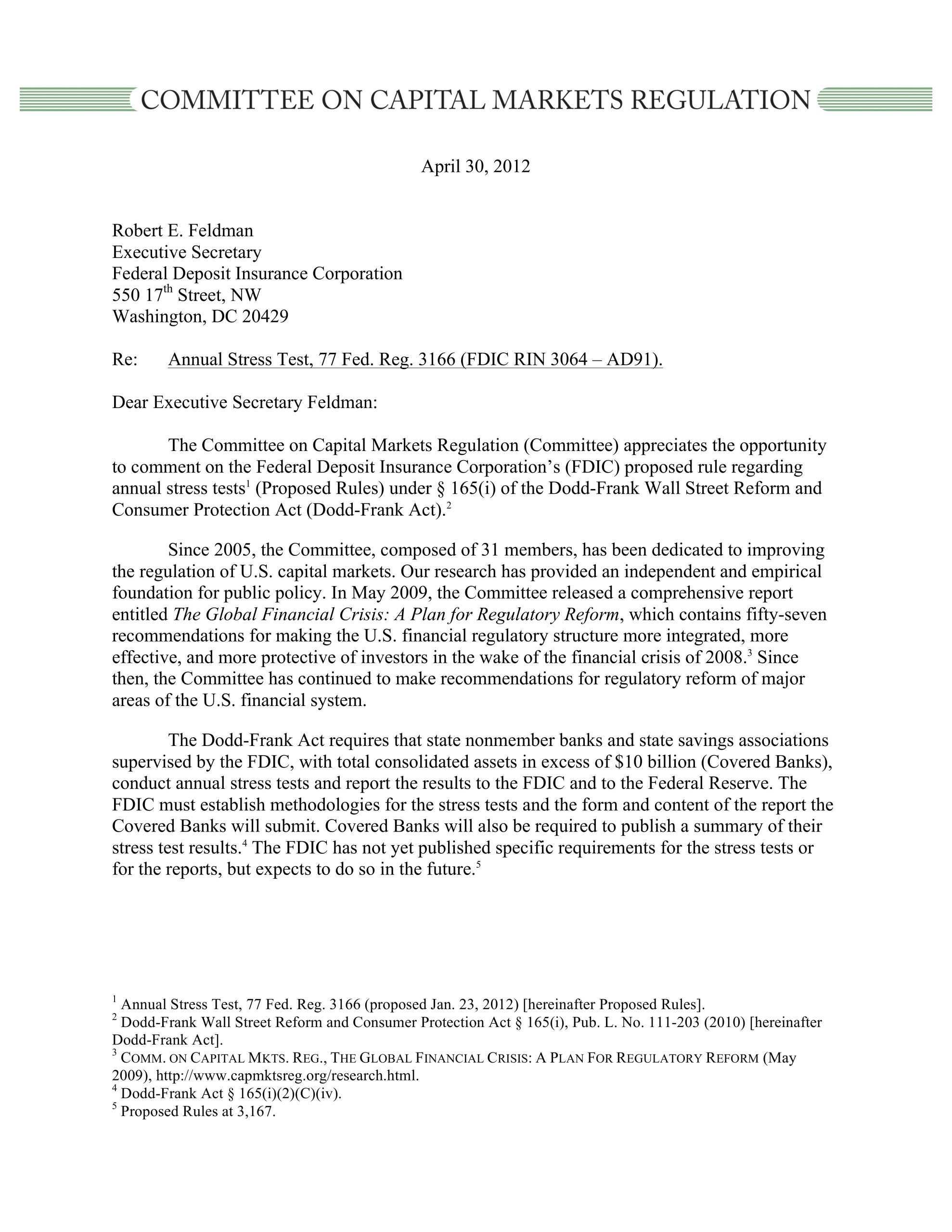 Comment Letter to FDIC on Proposed Rule Regarding Annual Stress Tests