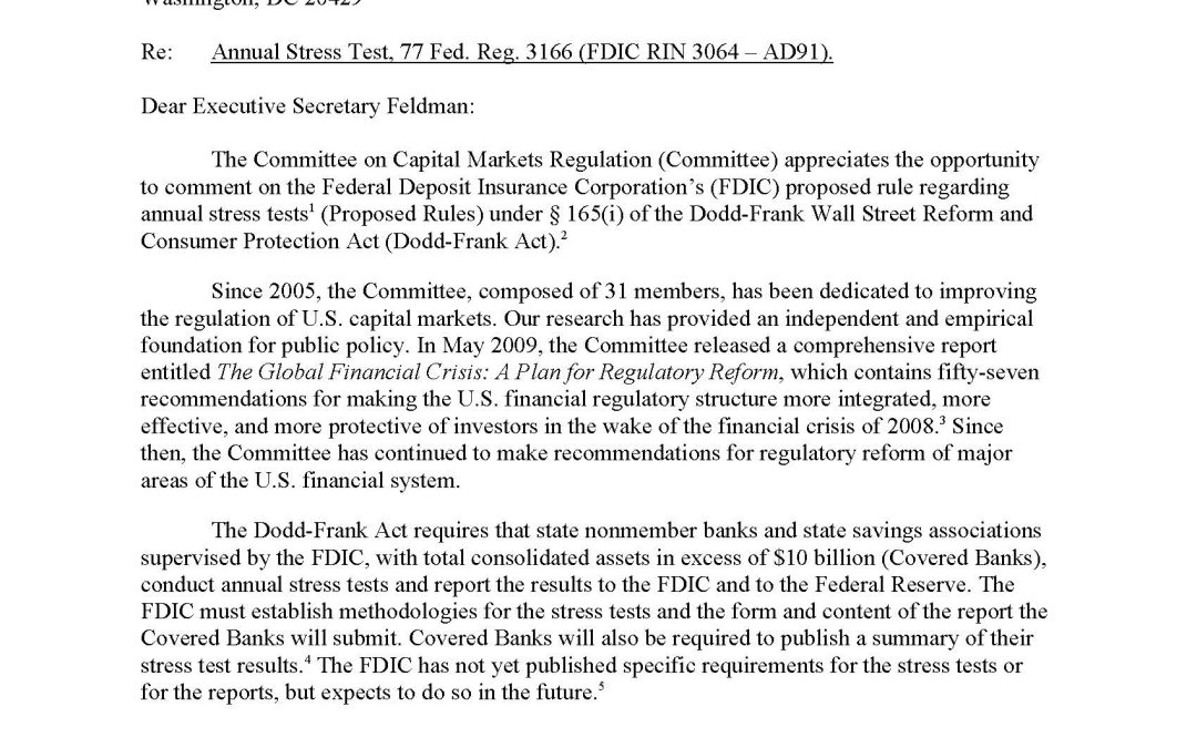 Comment Letter to FDIC on Proposed Rule Regarding Annual Stress Tests