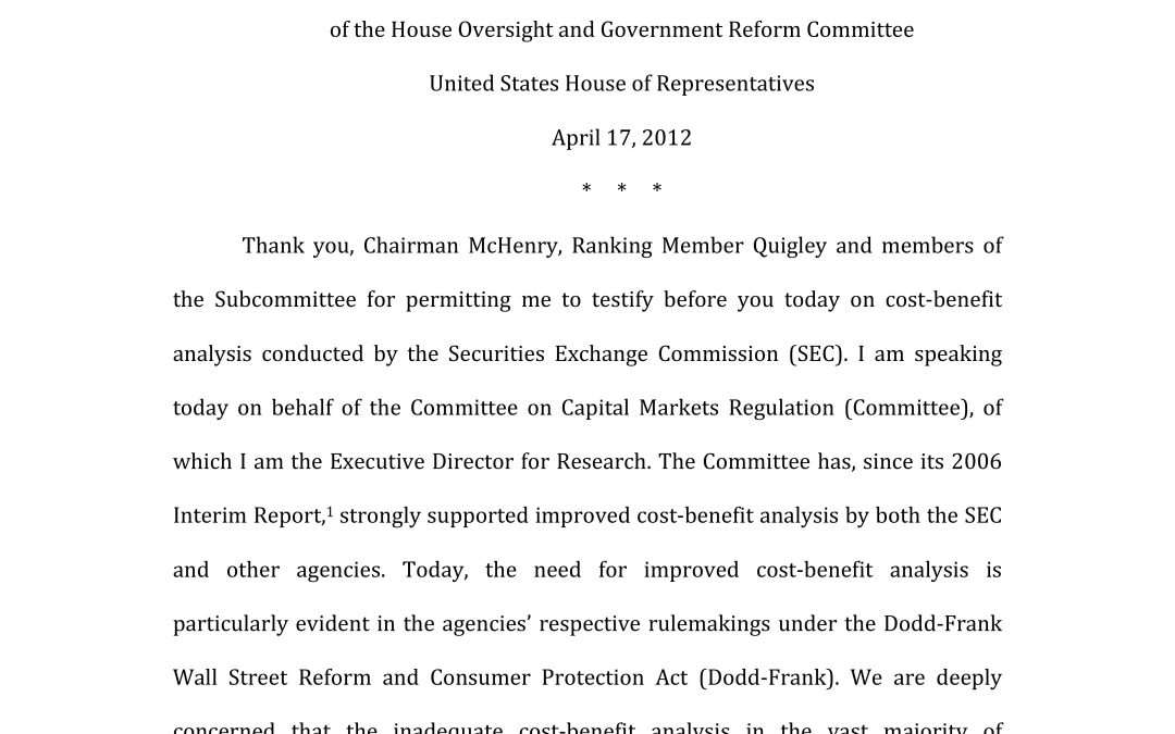 Jacqueline McCabe Testifies Before House Oversight and Government Reform Committee in Hearing Entitled “The SEC’s Aversion to Cost-Benefit Analysis”