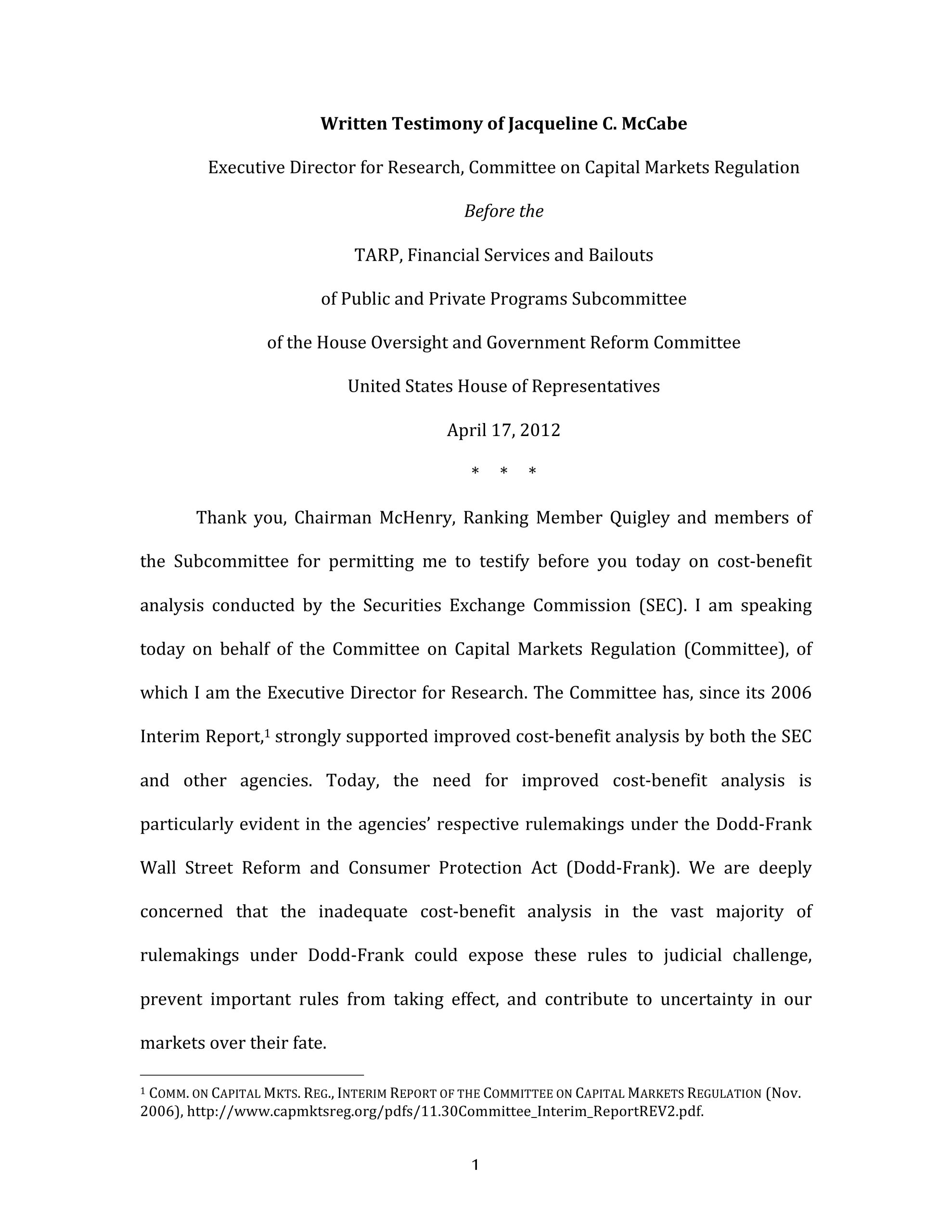 Jacqueline McCabe Testifies Before House Oversight and Government Reform Committee in Hearing Entitled “The SEC’s Aversion to Cost-Benefit Analysis”