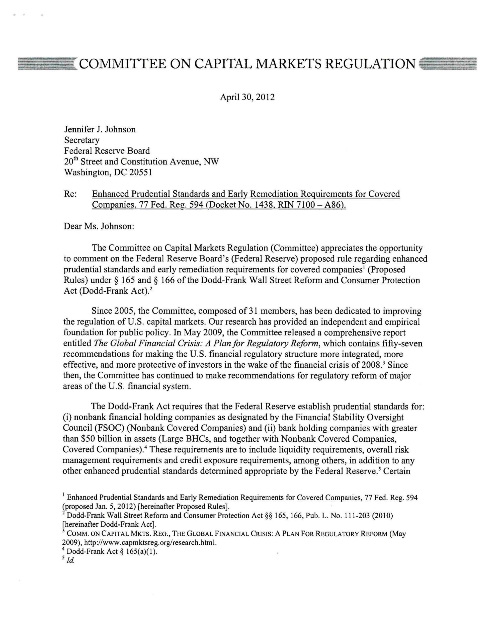 Comment Letter to Fed on Proposed Rule Regarding Enhanced Prudential Standards and Early Remediation Requirements for Covered Companies